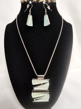 Rhodium Plated Rectangle Necklace & Earring Set with Pale Seafoam Green Glass